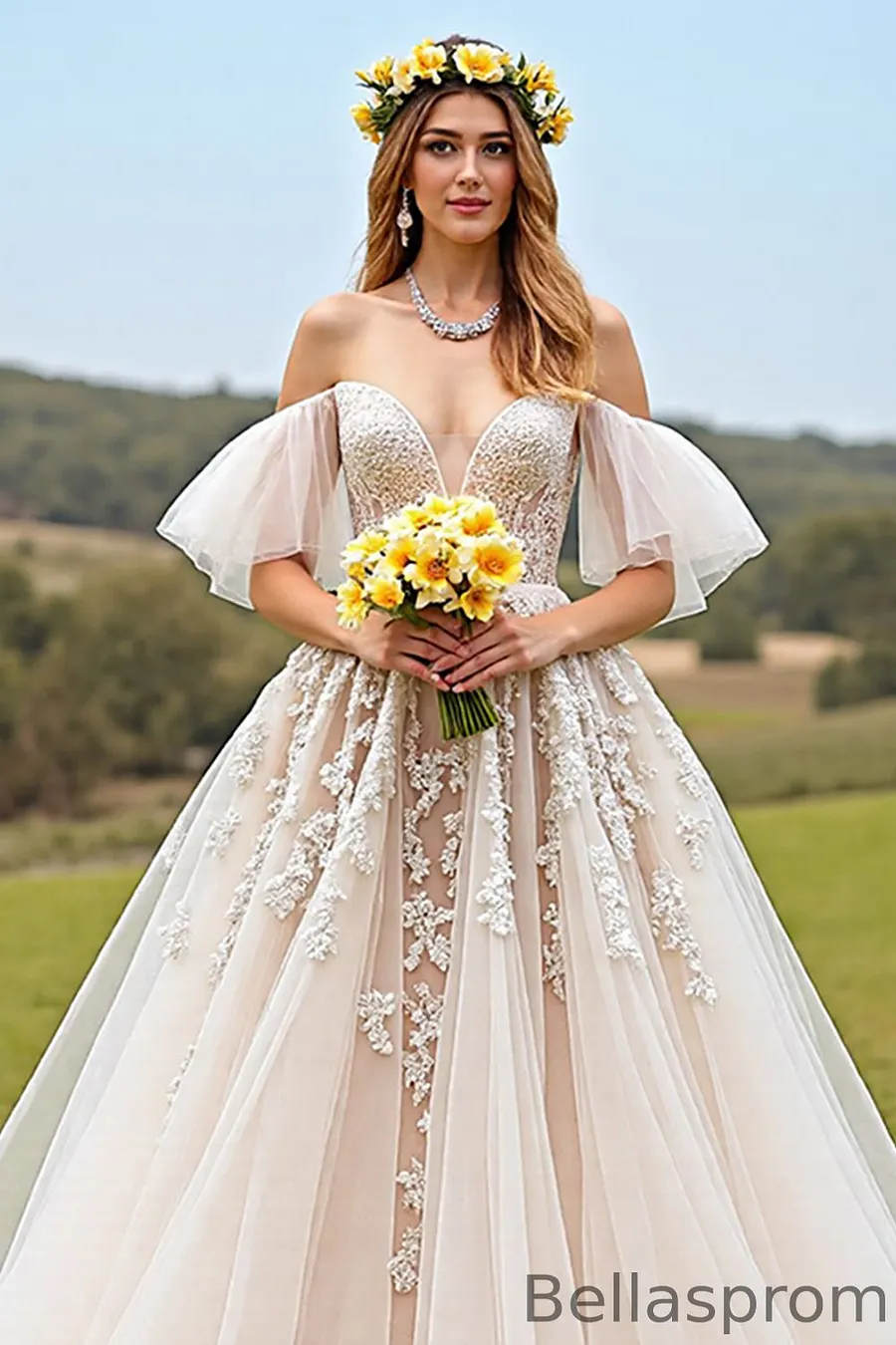 Bellasprom Champagne Sweetheart Ruffle Sleeves Princess Tulle Wedding Dress Lace Appliques Off-The-Shoulder Same As Picture-US2