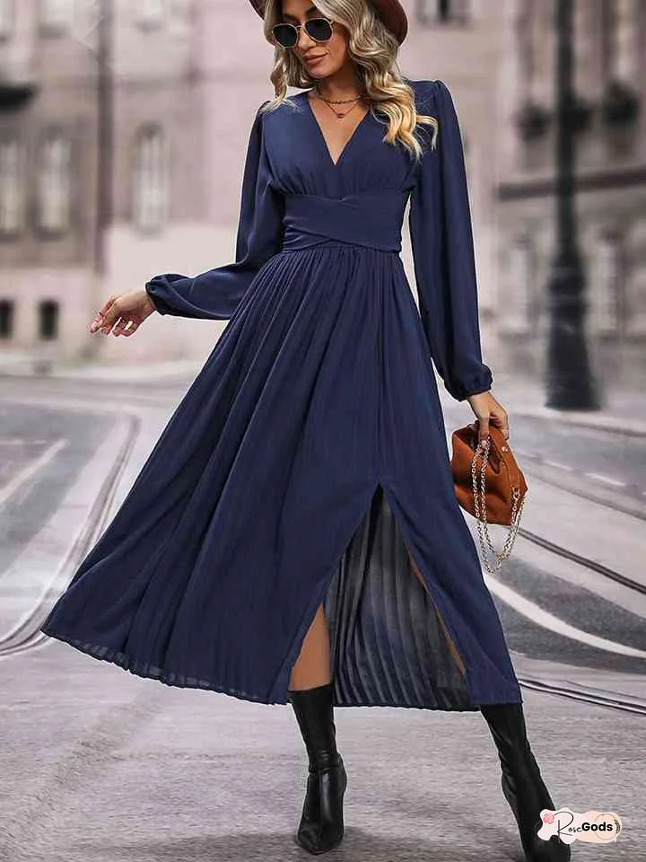 V-Neck Long Sleeve Pleated Slit Dress