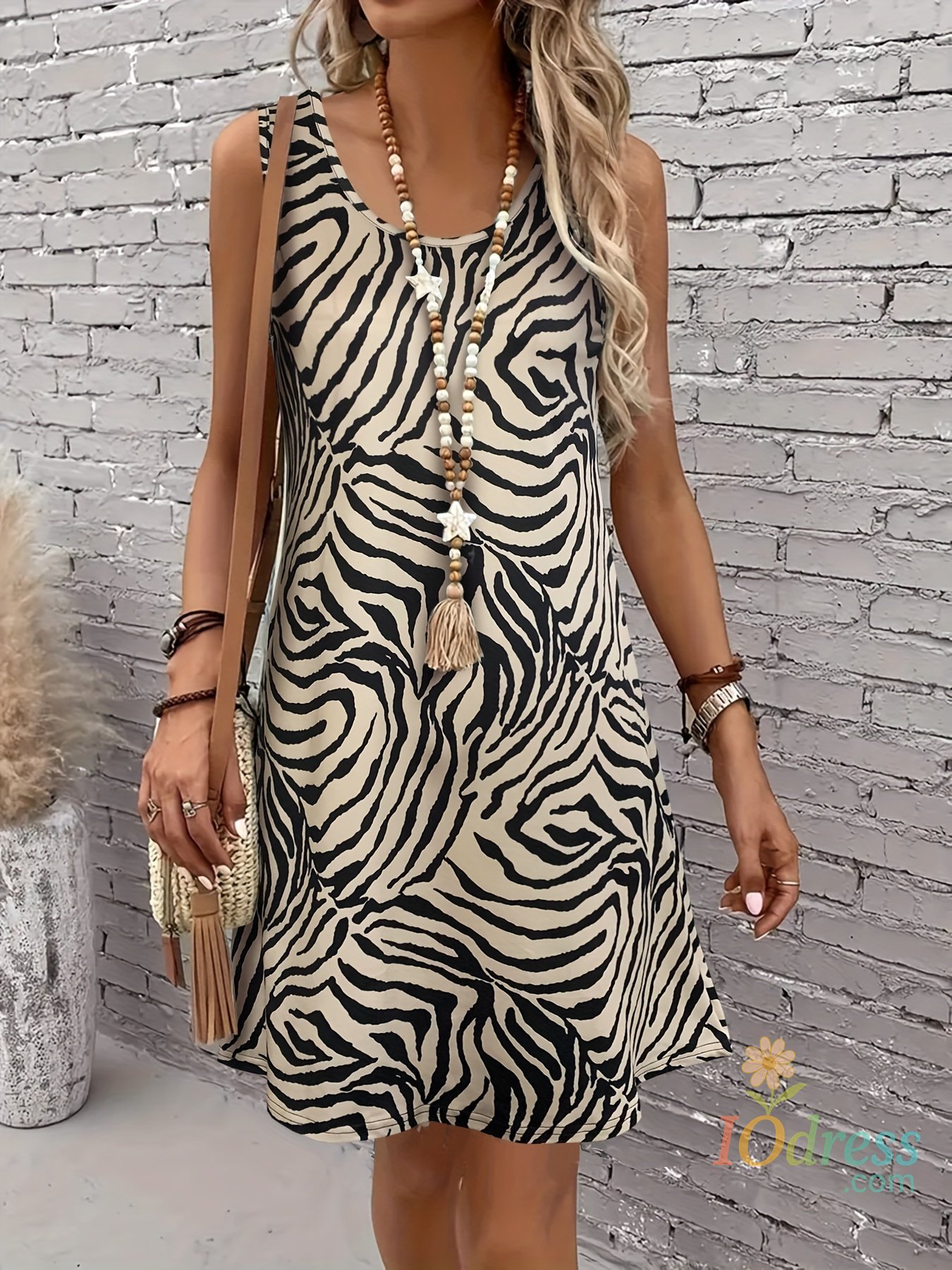 IO Dress Women's Zebra Print Sleeveless Tank Dress - Round Neck Summer Sundress, Casual Vacation Outfit, Stretchy Bodycon Mini Dress