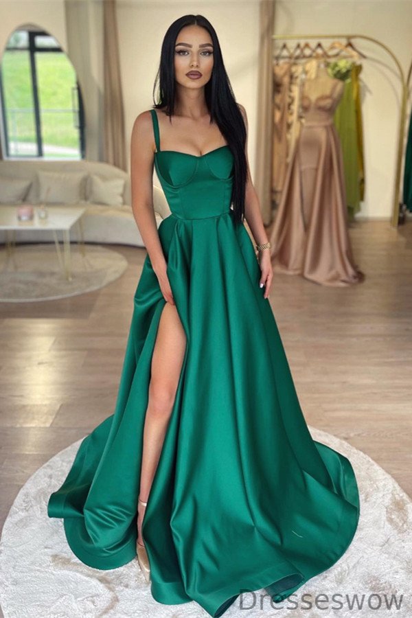 Dresseswow Dark Green Straps Prom Dress Slit Long Online