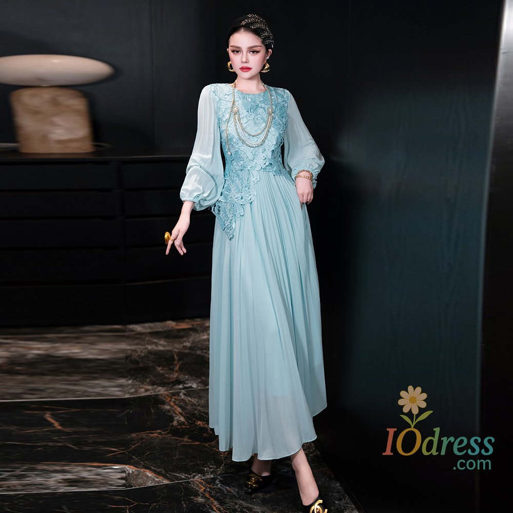 IO Dress ZJYT Luxury Elegant Hollow Embroidery Patchwork Long Maxi Dresses for Women Evening Party Gown Lantern Sleeve Pleated Dress Blue