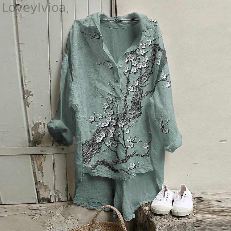 Retro Color Block Blossoms Japanese Painting Art Woven Tunic