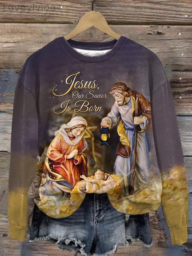 Retro Jesus Our Savior Is Born Print Sweatshirt