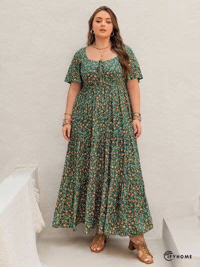 Plus Size Printed Short Sleeve Tiered Maxi Dress | IFYHOME