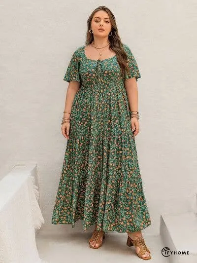 Plus Size Printed Short Sleeve Tiered Maxi Dress | IFYHOME