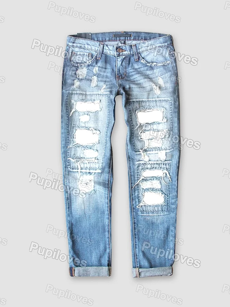 Pupiloves Pupiloves Denim Ripped Straight Leg Jeans