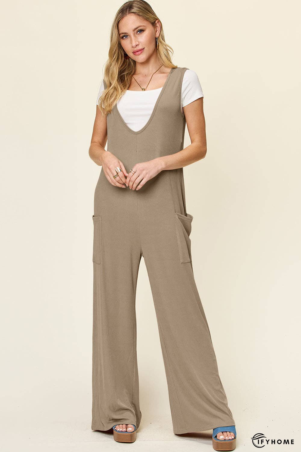 Double Take Full Size Sleeveless Wide Leg Jumpsuit with Pockets | IFYHOME