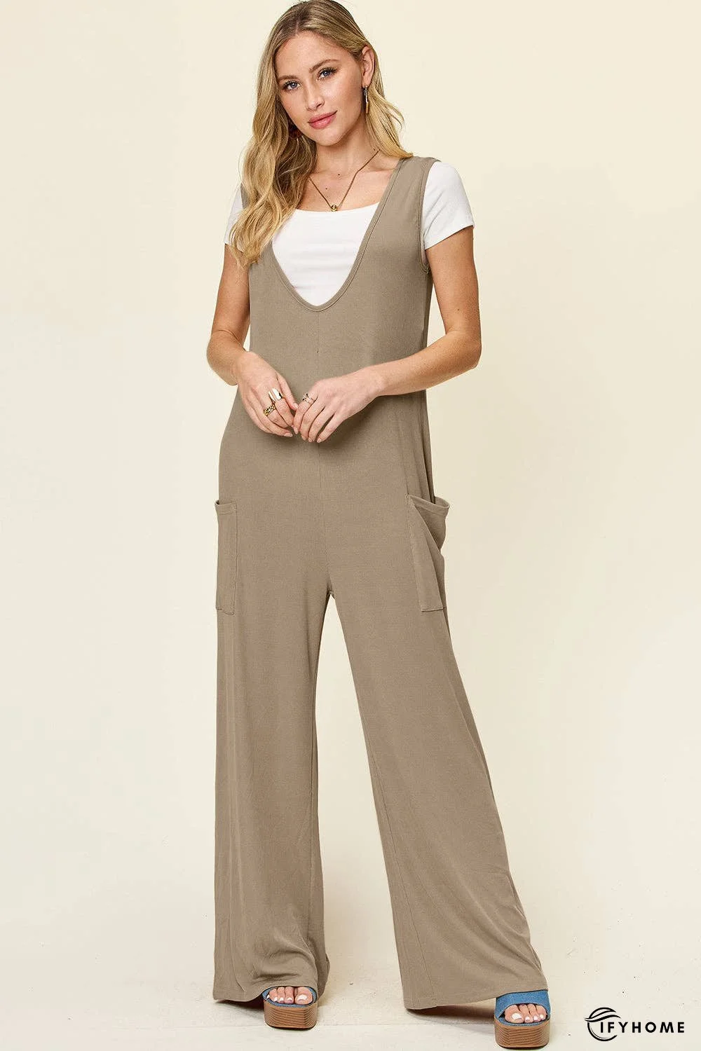 Double Take Full Size Sleeveless Wide Leg Jumpsuit with Pockets | IFYHOME