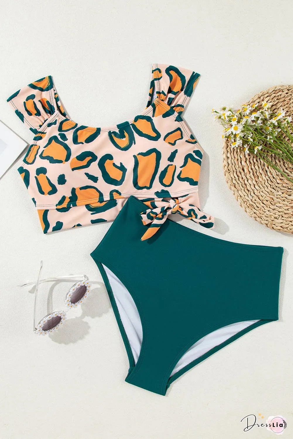 Colorblock Leopard Knotted Bikini Set