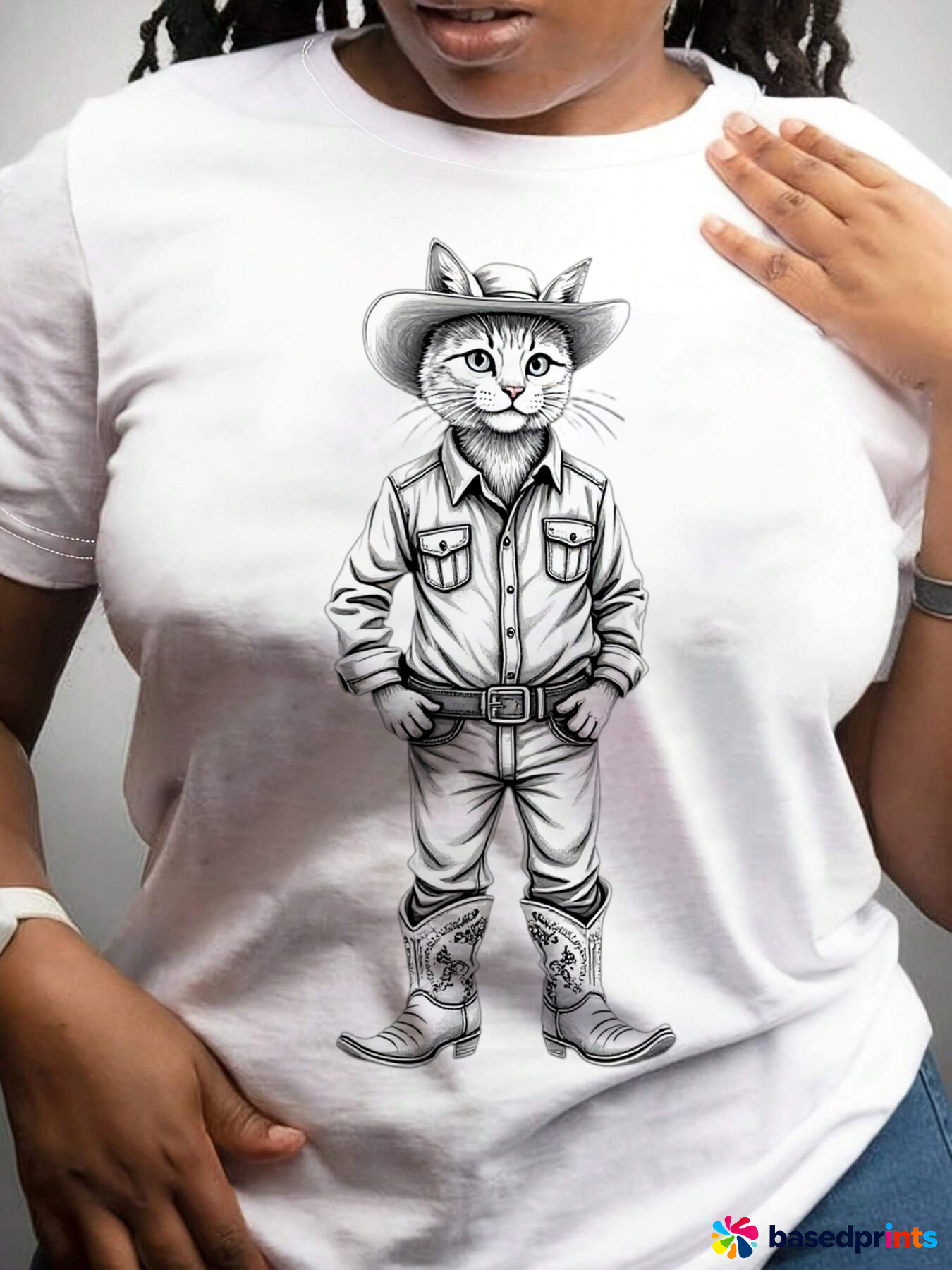Cowboy Cat T-Shirt Cotton Casual Wear