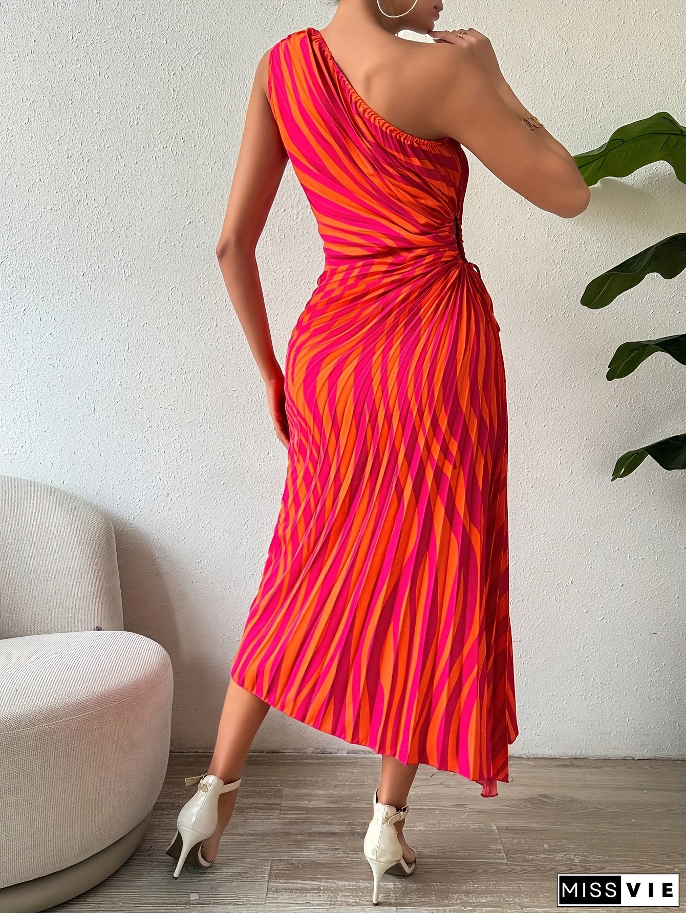 Women's Asymmetrical Neck, Strapless, A-Line Pleated Maxi Dress With Vibrant Red And Orange Print - Perfect For Spring/Summer, Adult, Casual Attire, Casual Attire|Asymmetrical Neckline|Strapless Design, Maxi Dress