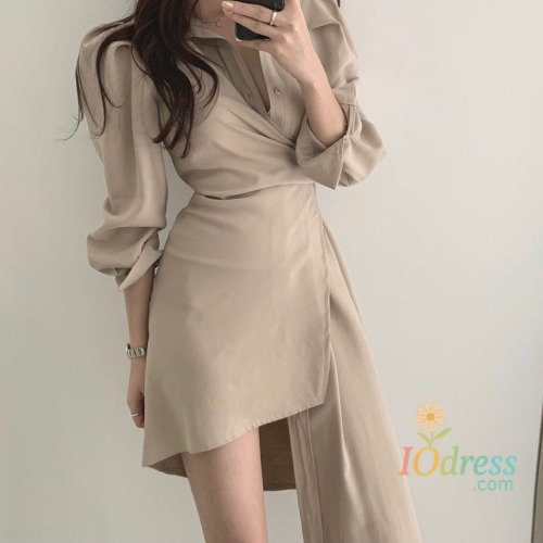 IO Dress Chic Early Autumn irt Dr Women's Mid-Length Asymmetrical Single-Button Closure Turn-down Collar Slimming Sle Dr