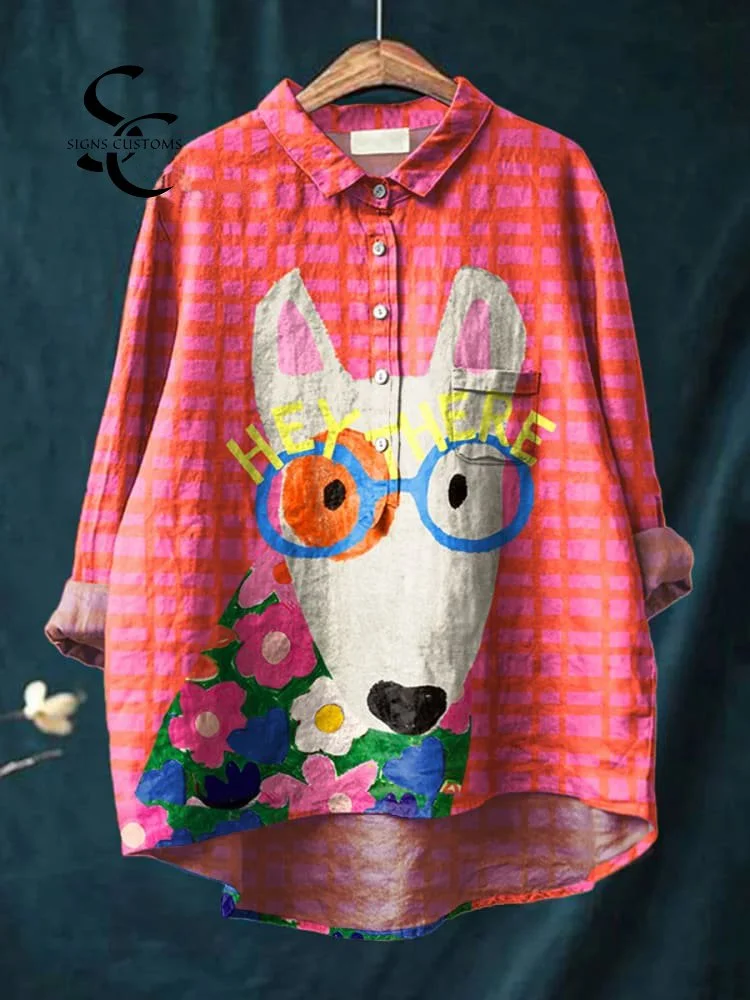 Women's Dog  Art Print Casual Cotton And Linen Shirt