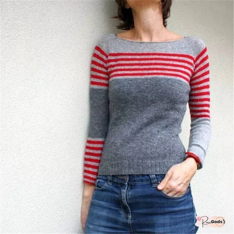 Loose Fit Color Block Round Neck Pullover Sweater