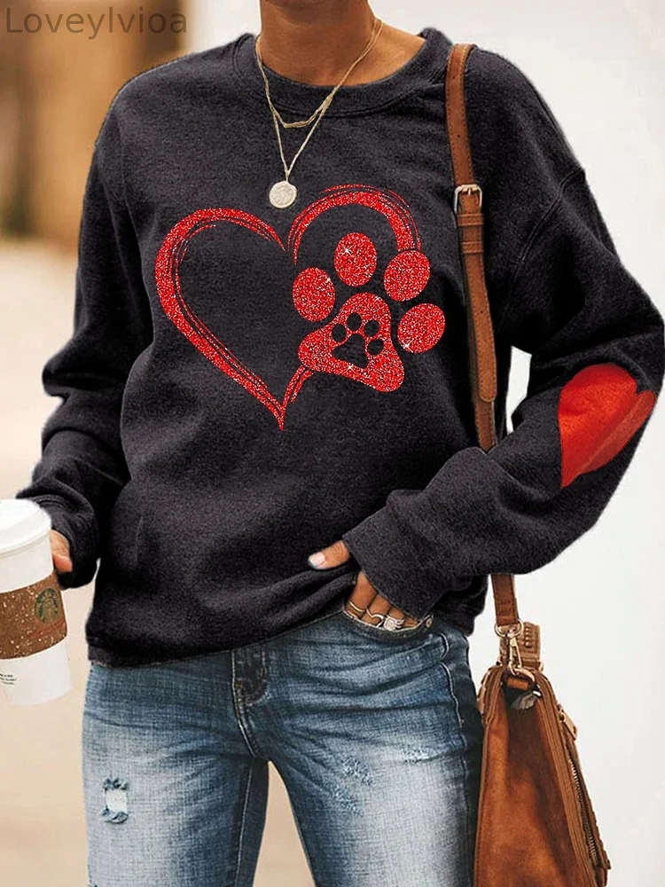 Women's Paw Love-Heart Print Casual Sweatshirt