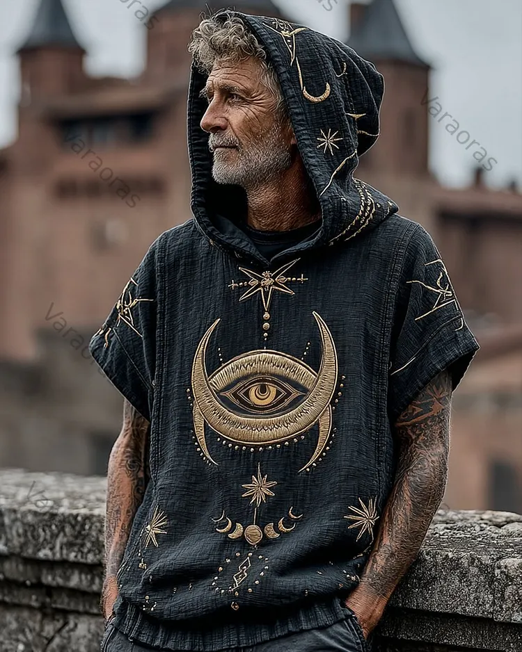Men's Summer Star and Moon Print Embroidered Casual Linen Short-Sleeve Hooded Top  8503