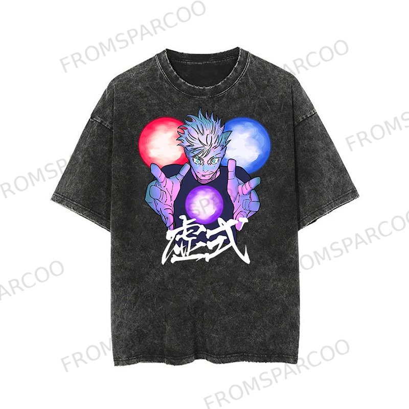 Unisex Vintage Batik Washed Anime Graphic Design Printed T-shirt
