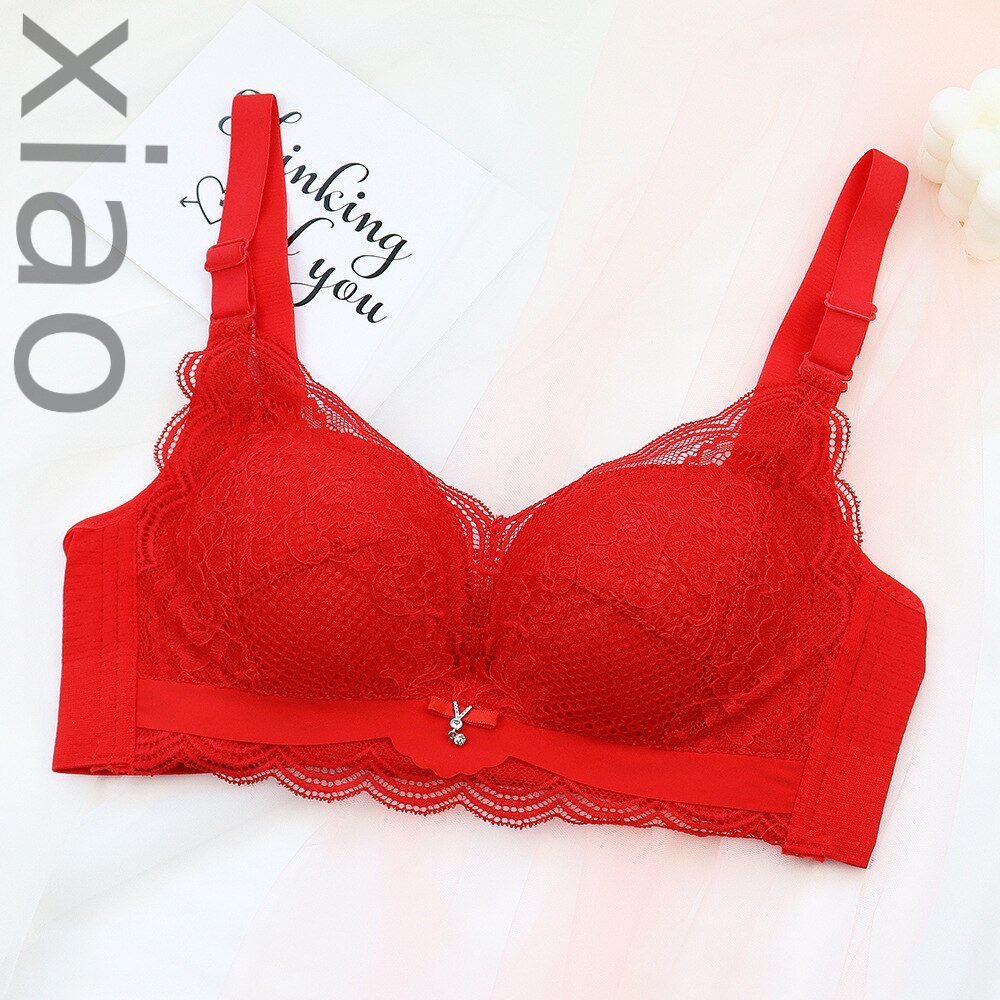 Bras-Thick cotton gathered in new bra breathable lace without rims bra woman vice milk gather underwear-Bras