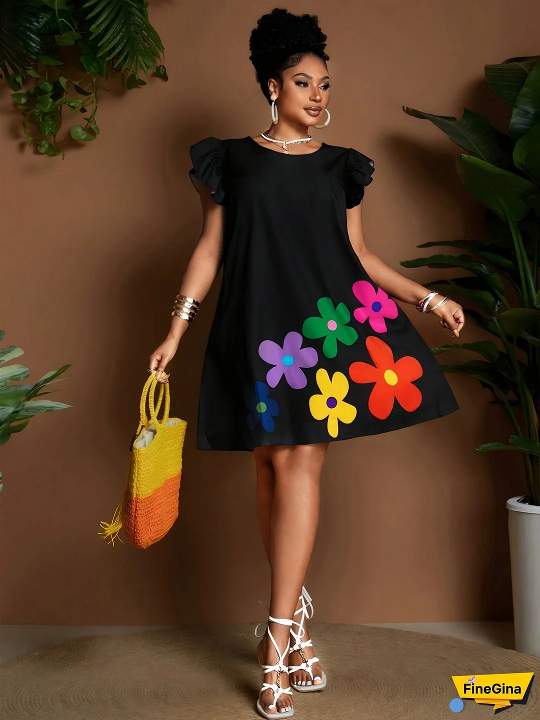 [Floral Summer Dress] Elegant Floral Print Women's Summer Sun Dress | Blue With Pink And Green Ruffle Sleeves, Round Neck, Knee-Length, Polyester Fabric, Perfect For Adult Casual Wear