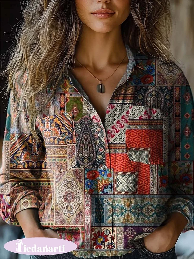 Women's Patchwork Art Print Casual Long Sleeve Comfortable Cotton Shirt