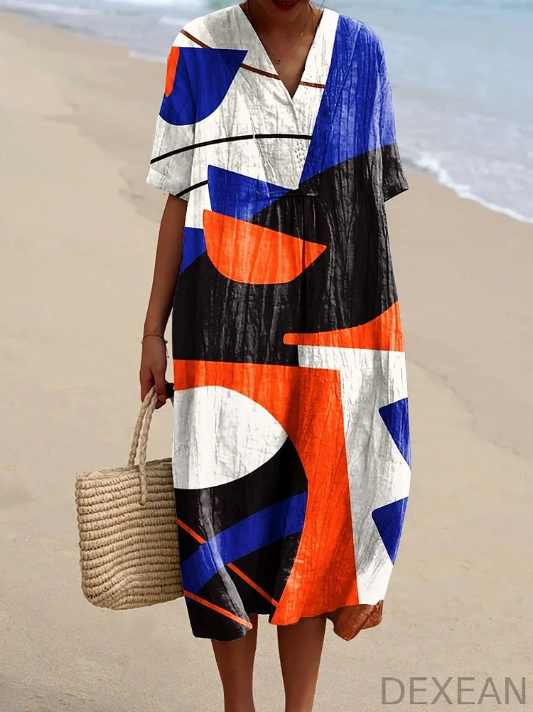 Women's Colorful Geometric Stripes Abstract Art Print Flowy Dress