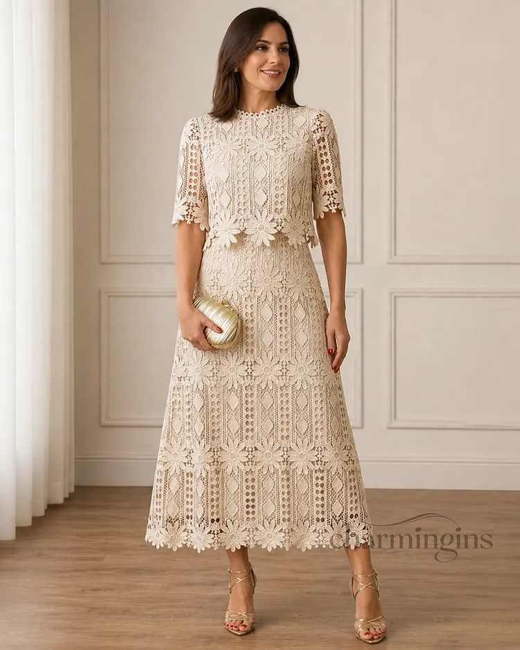 Ivory Crochet Lace Top & Midi Skirt Set