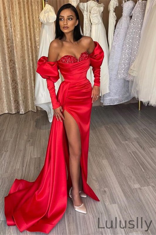 Luluslly Red Long Sleeves Mermaid Evening Dress Slit With Sequins