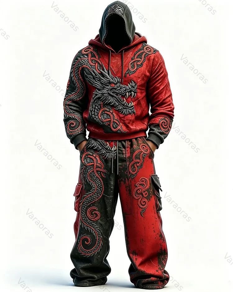 Men's Fashion Contrast Colo Red Dragonr Embroidered Hoodie & Pants Two-Piece Set 7659