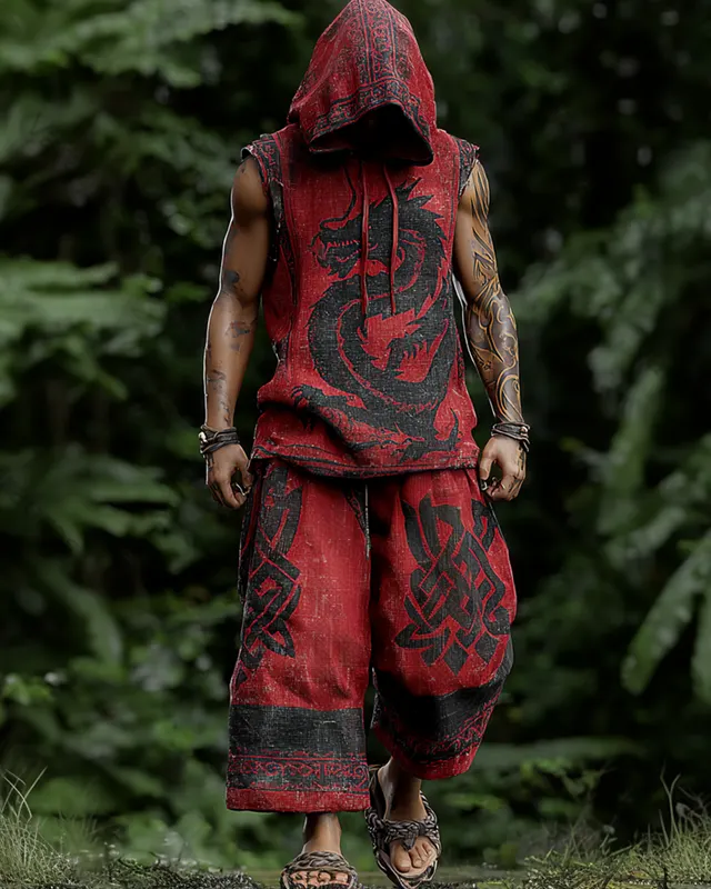 Men's Viking-Style Fashion Contrast-Color Embroidered Hooded Sleeveless Top & Pants Two-Piece Set 5120