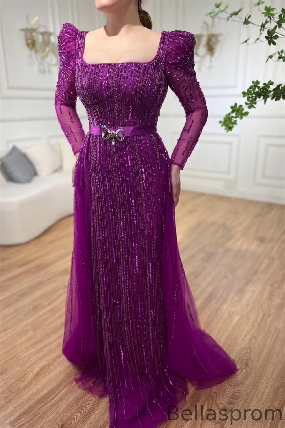 Bellasprom Square Purple Long Sleeves Evening Gown Mermaid Long With Beadings Bellasprom