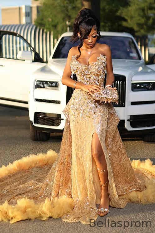 Bellasprom Strapless Slit Mermaid Prom Dresses Gold Long With Ruffles Beadings Bellasprom