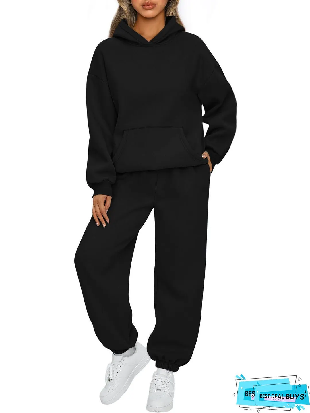 Womens Cozy Fleece Hoodie Jogger Set Black with White Leaf Print Long Sleeve Pullover
