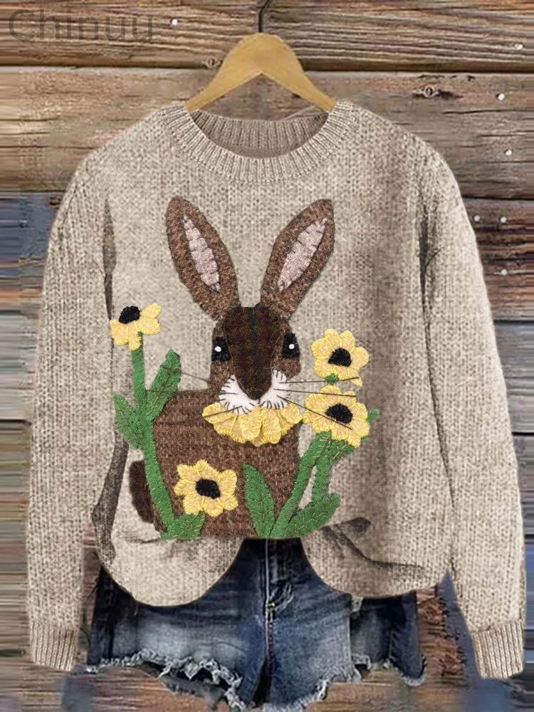 Cute Rabbit Felt Art Casual Cozy Knitted Sweater