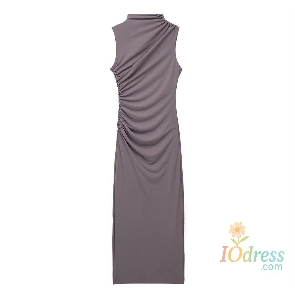 IO Dress European And American Style 2024 Spring And Summer Women's New Fashionable Temperament Solid Color Pleated Decorative Dress IO Dress