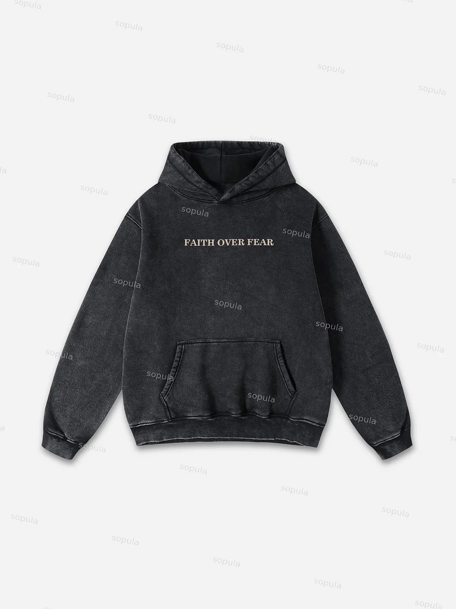 Vintage Faith Over Fear Graphic Acid Washed Oversized Hoodie