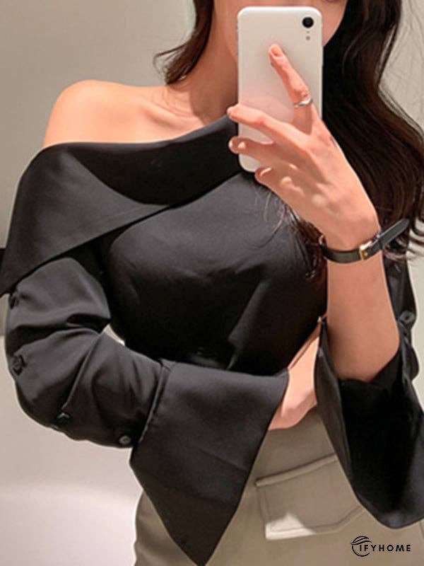 Long Sleeves Buttoned Solid Color Split-Joint Off-The-Shoulder Blouses&Shirts Tops | IFYHOME