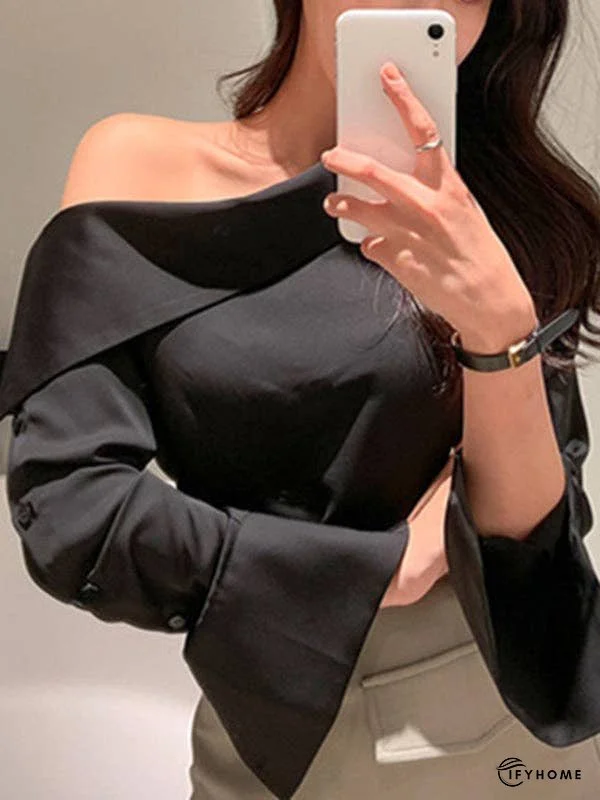 Long Sleeves Buttoned Solid Color Split-Joint Off-The-Shoulder Blouses&Shirts Tops | IFYHOME