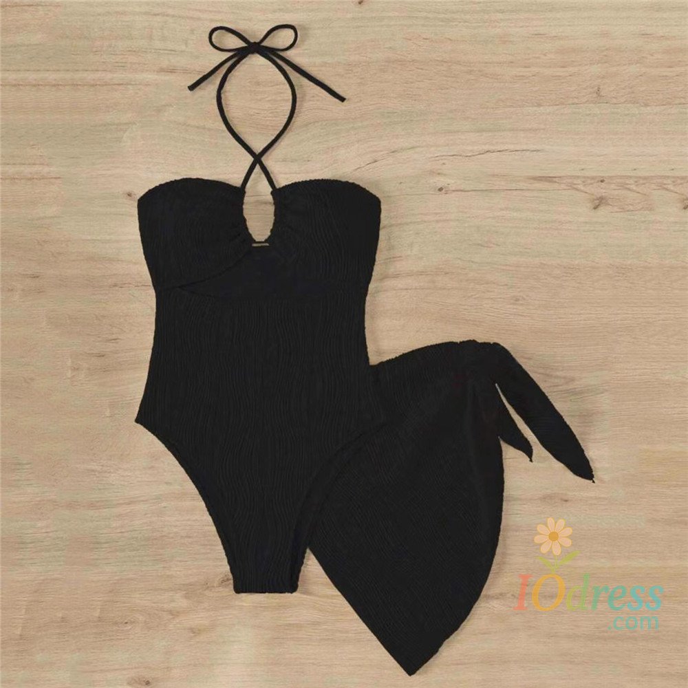IO Dress Brown Texture Solid Swimwears Halter Backless Sexy Swimsuit Women One Piece with Cover Ups 2025 Hollow Out Monokini Bathing Suit