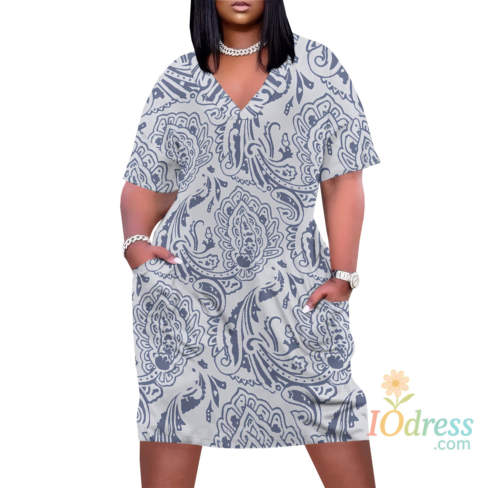IO Dress Plus Size Paisley Print Dress for Women Summer V Neck Casual T Shirt Dress with Pockets IO Dress