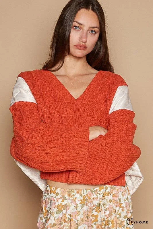 POL Cable Knit Quilting Patch V-Neck Contrast Sweater | IFYHOME