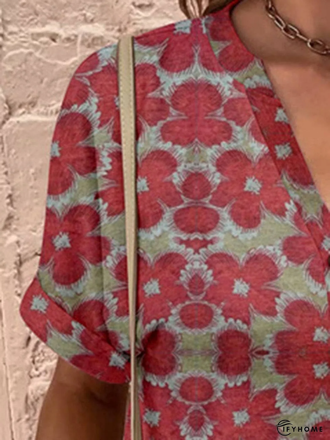 Full Size Printed Notched Short Sleeve Blouse | IFYHOME