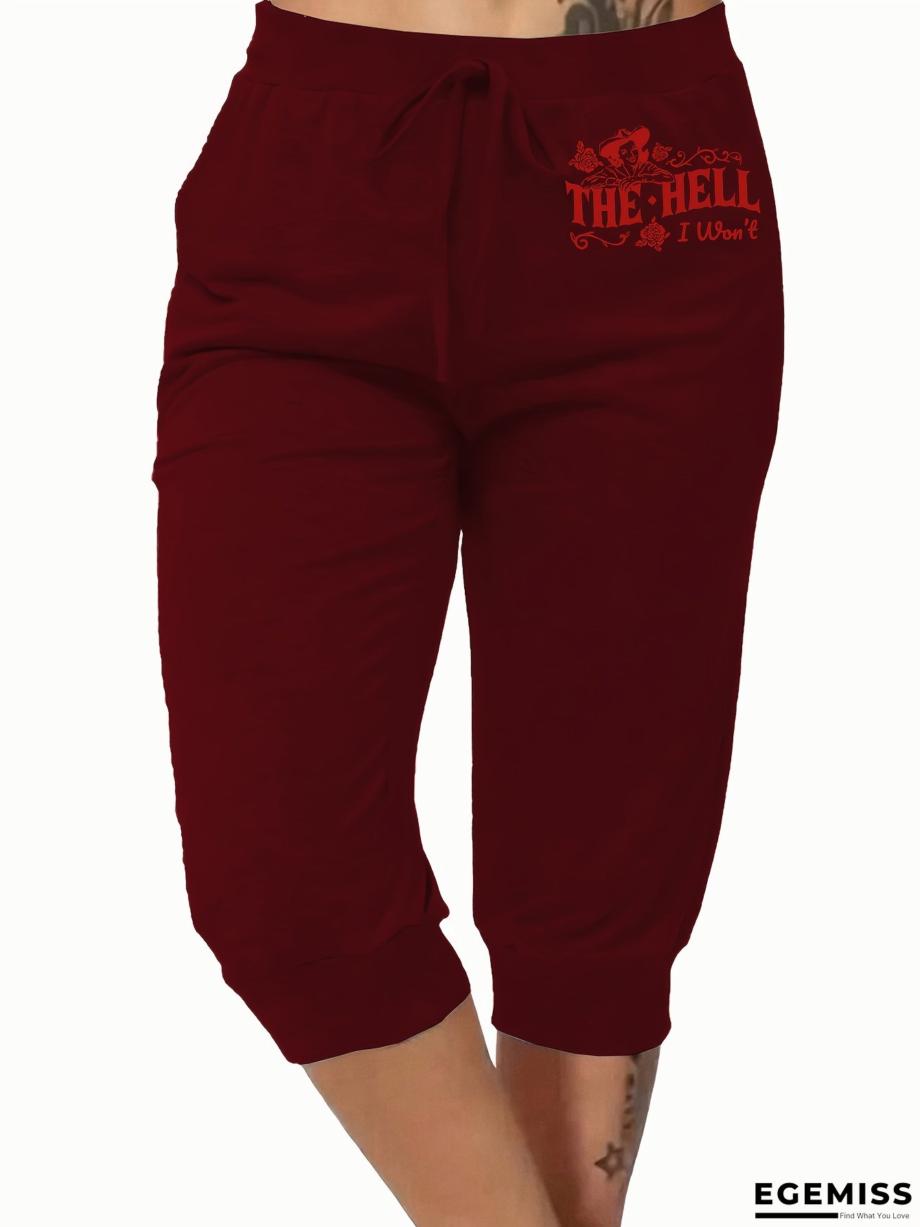 Women&lsquo;s Casual Bermuda Shorts with "THE HILL" Print - Red, Drawstring Waist, Lightweight Polyester, Perfect for Spring/Summer, Spring Fashion Shorts|Bold Graphic Shorts|Lightweight Shorts | EGEMISS