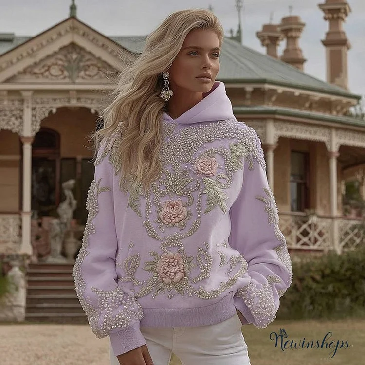 Women's Vintage Flower Embroidery Art Long Sleeve Casual Hoodie