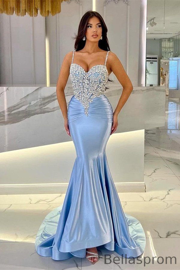 Bellasprom Spaghetti-Straps Sleeveless Party Dress Mermaid Long With Crystals Bellasprom
