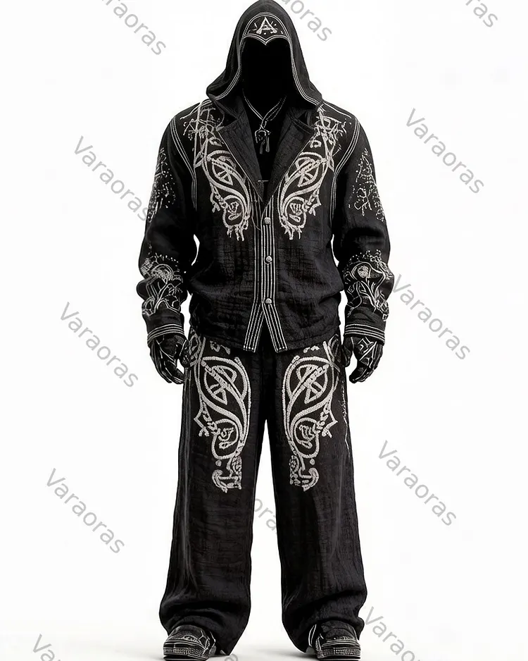 Men's Summer Fashion Viking Print Hooded Shirt and Pants Two-Piece Set 8543