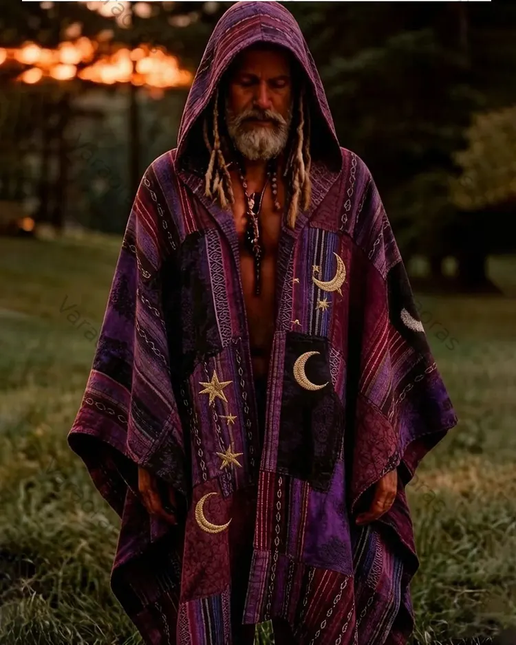 Men's Summer Fashion Hippie Style Star and Moon Embroidered Linen Cardigan Hooded Cape  3945