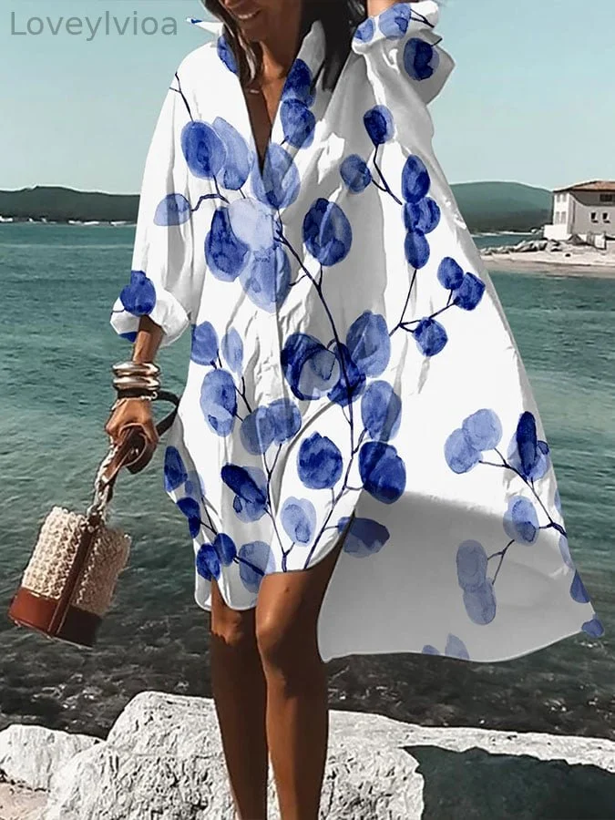 Women's Botanical Print Casual Shirt Dress