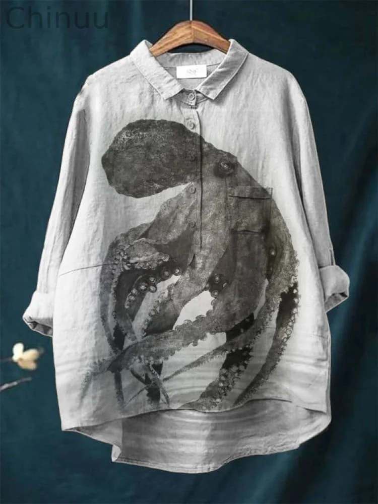 Vintage Japanese Octopus Pattern Art Print Casual Cotton And Linen Shirt