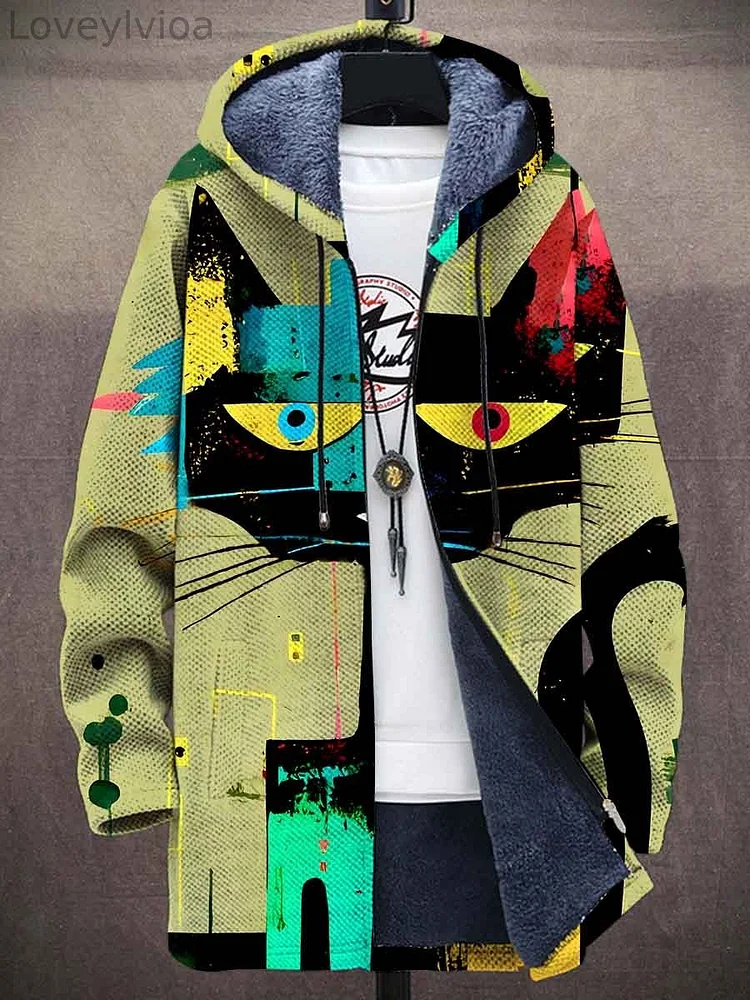 Cat Abstract Art Unisex Plush Thick Long-Sleeved Print Sweater Cardigan Coat
