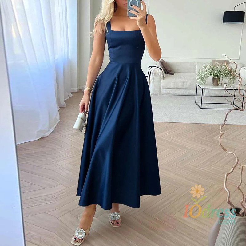 IO Dress Shop Sexy Square Neck Maxi Dress Women Fashion Satin Silk Waisted Party Dress Elegant Solid Color Umbrella Vestido Summer Robe IO Dress